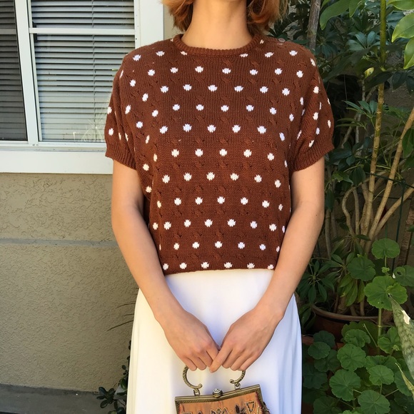 WORTHINGTON Vintage White Polka Dot Ramie Cotton Knit Shirt Short Sleeve Sweater - Picture 3 of 13